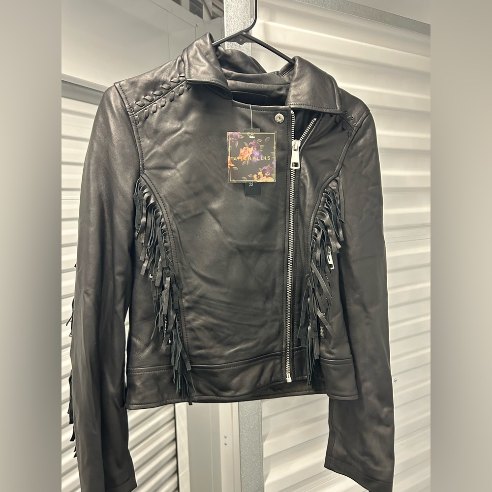 Amaryllis Black Leather Moto Assyria Fringe Biker Western Jacket Medium NEW